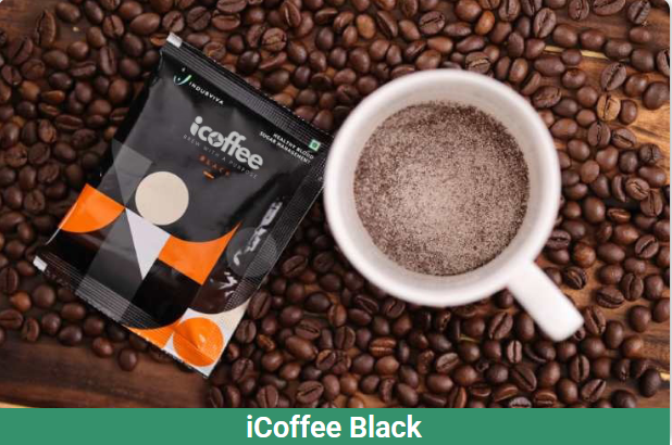 iCoffee Black sachet with cup on coffee beans